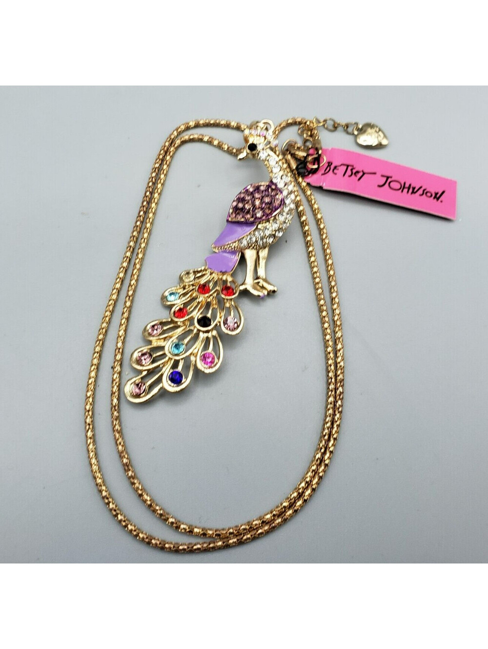 Betsey Johnson Purple Peacock Pendant Necklace Rhinestones Enamel NWT Velvet Bag